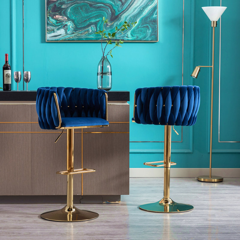 Ensemble de 2 tabourets de bar, avec repose-pieds chromé et base pivotante réglable en velours, Navy