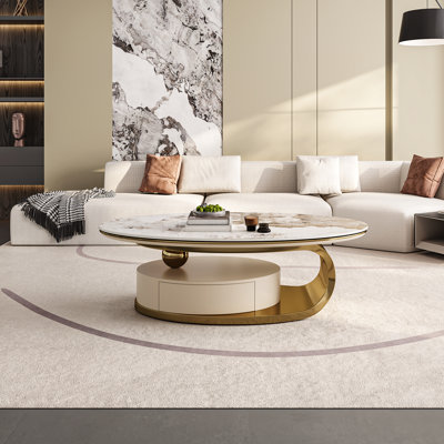 Labana 51" Modern Oval Coffee Table, Sintered Stone Top, Gold legs, drawer