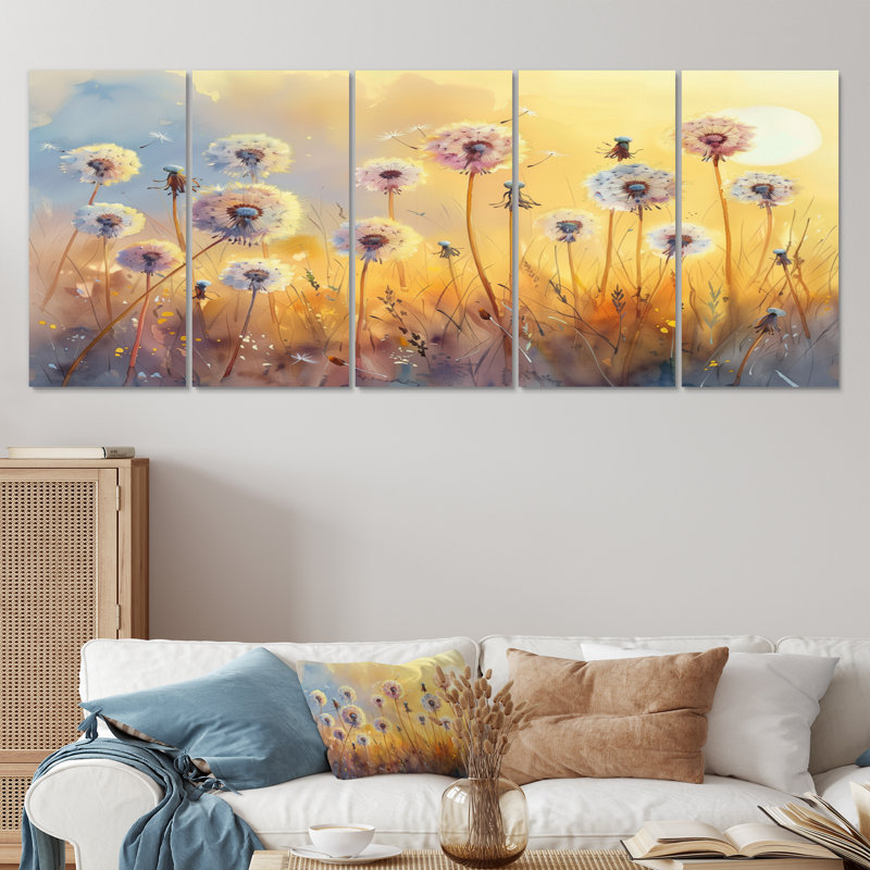 Ensemble de décorations murales pissenlit jaune et rose, H 32 po x l 80 po