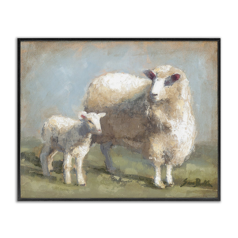 «Sheep Lamb Family Farm», estampe numérique par Sara Baker, H 24 po x l 30 po, Giclée encadrée noir minuit