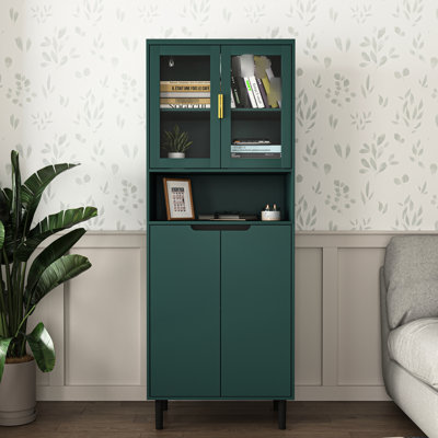 Armoire de rangement en verre trempé à 4 portes pour le salon de la chambre à coucher, L 23,4 po x P 14,14 po x H 63 po avec bibliothèque réglable