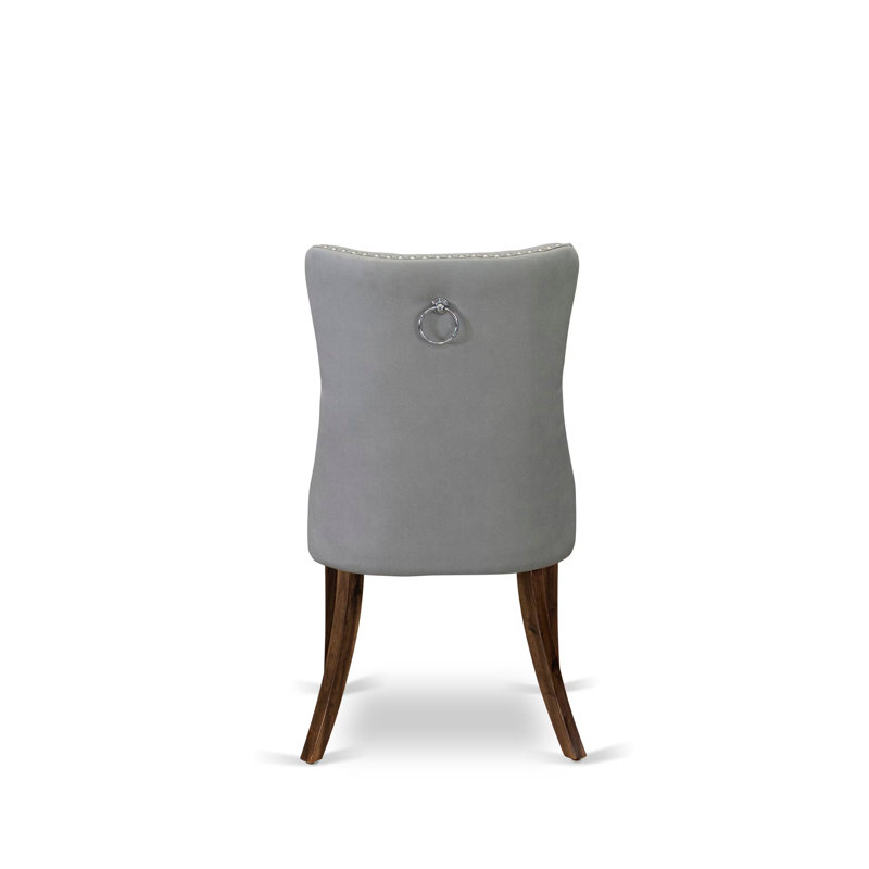 Dallas Parsons Dining Chairs - Button Tufted Nailhead Light Gray Polyester Fabric Upholstered Chairs, Set of 2, Antique Walnut