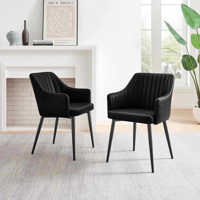 Cleother Faux Leather Dining Chairs -Bucket Tub Seat with Tapered Metal Legs and Vertical Stitching, Black