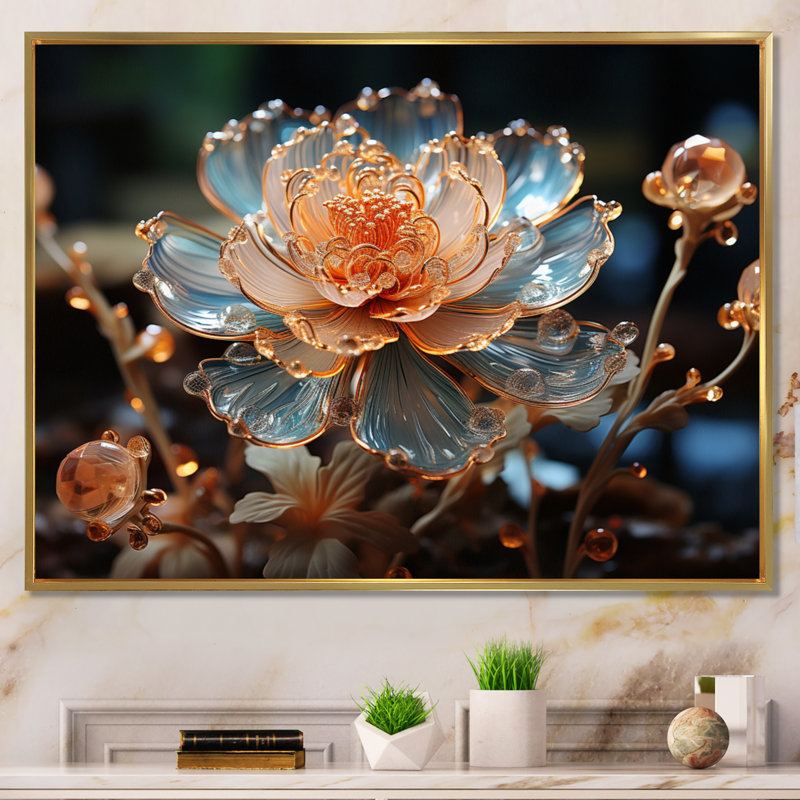 Fleur de pêche cristal I - art mural floral, H 12 po x l 20 po x P 1,5 po, Cadre flottant doré