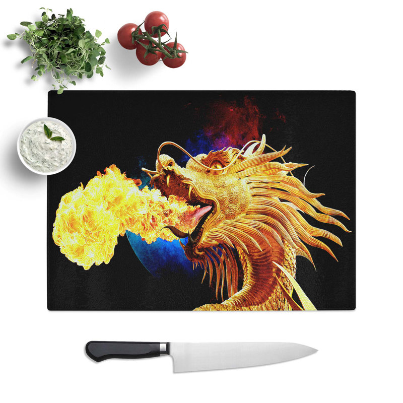 Glass Golden Dragon Chopping Board, 28.5 cm W x 20 cm L