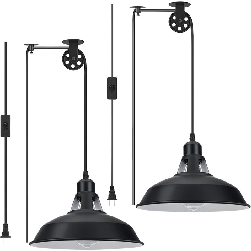 Luminaire suspendu à brancher, lampe suspendue avec luminaire suspendu de grange noire avec cordon marche / arrêt de 14,76 pi, luminaire suspendu à poulie réglable pour cuisine, restaurant, paquet de 2