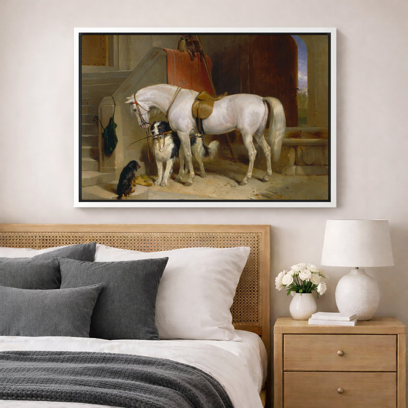 Illustration de cheval blanc et de chiens blancs, photos de l'entrée rustique, impression sur toile encadrée.