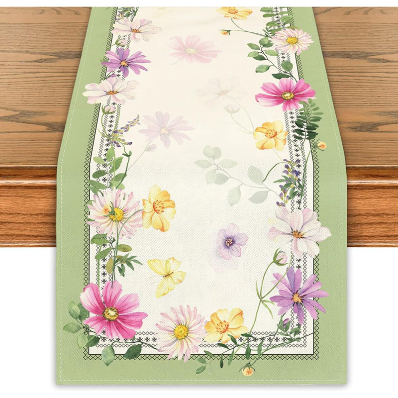 Chemin de table floral - vert pastel - printemps / été, style maison de campagne, décoration de cuisine et de salle à manger
