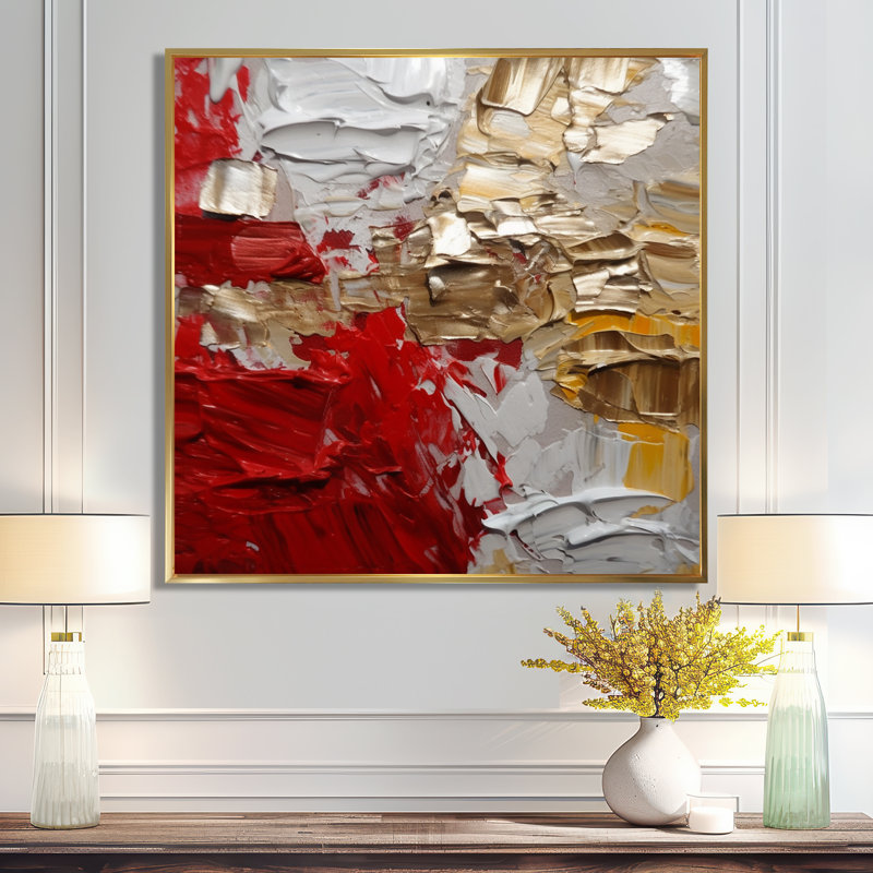 «Cardinal Sin Retro Delight Abstract Red & Gold», reproduction d'art sur toile, 44" H x 44" W, Cadre flottant doré