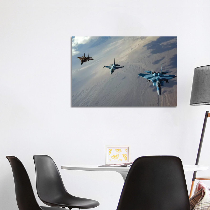 F-15 Eagles And A F-16 Fighting Falcon Fly In Formation - Wrapped Canvas Print, 101.6 cm H x 66.04 cm W x 1.91 cm D