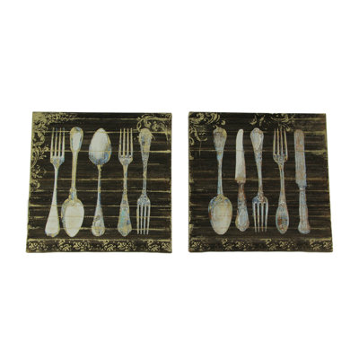 Vintage rustic antique silverware canvas prints, wood frame, brown and beige, 11.75 inches high