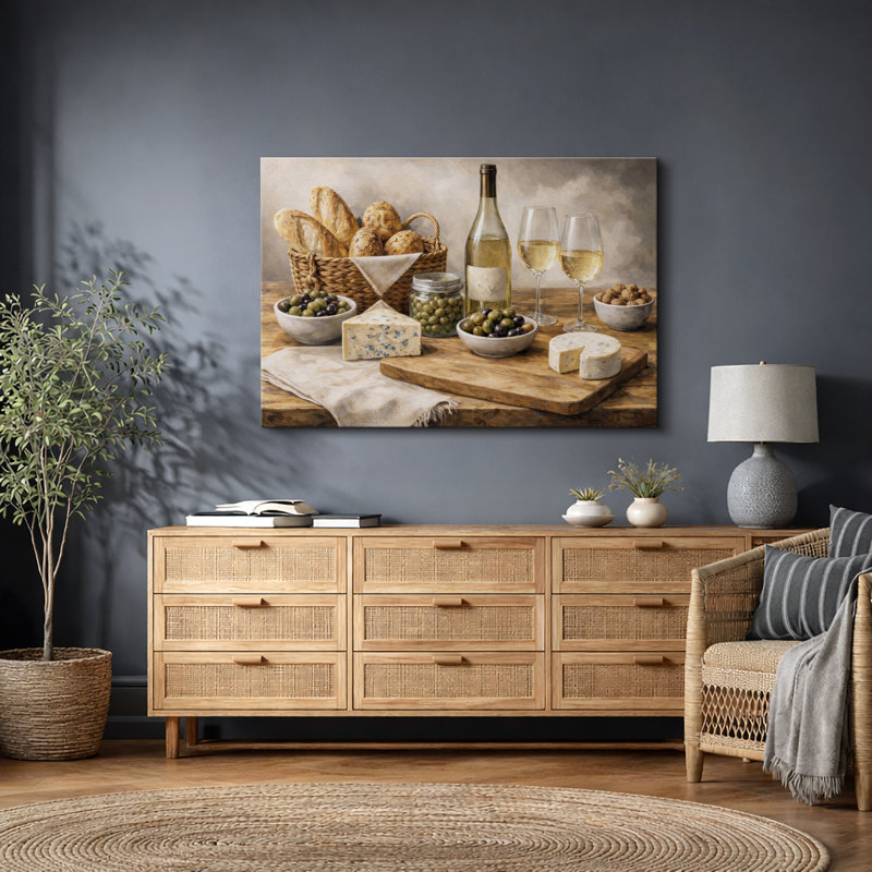 Œuvre d'art rétro de fromage et de vin blanc, images de cuisine de campagne, impression sur toile encadrée, Toile tendue