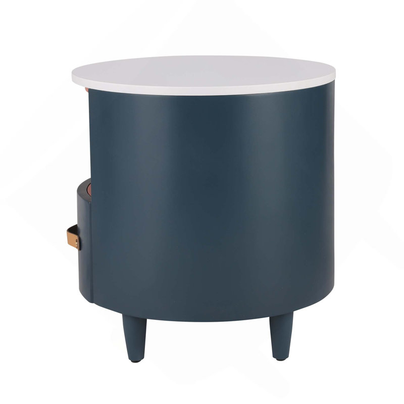 Table de chevet moderne arrondie avec tiroir de rangement et tablette de rangement ouverte, Bleu