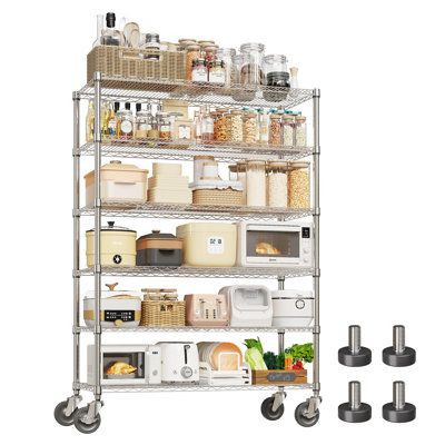 Heavy Duty 6-Tier Chrome Wire Shelving Unit with 4" Lockable Wheels - 2640 lbs Capacity - 47.2"W x 17.7"D x 70.9"H - for Kitchen, Garage, Pantry
