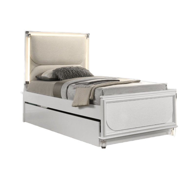Contemporary , Pearl White, Upholstered Bed, Led, Trundle, Design, Bedroom Modernization White Full Size Bed With Led On Headboard And Panel Exceptional Piece