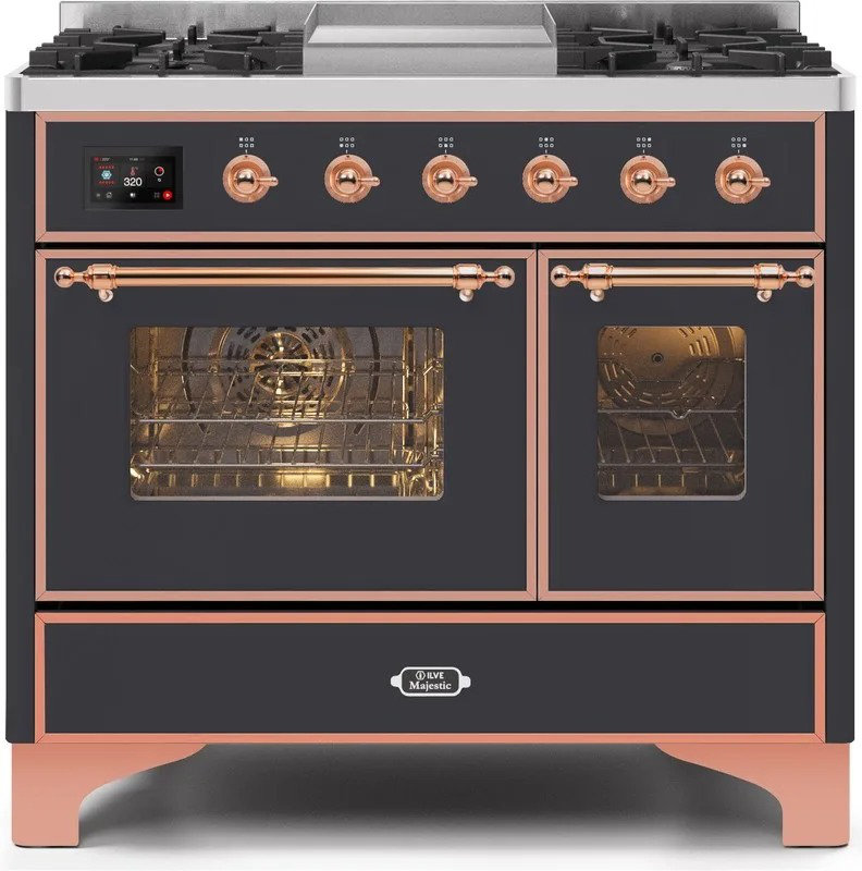 Cuisinière à double combustible de 40 po avec 6 brûleurs scellés et plaque chauffante ILVE Majestic II Series
