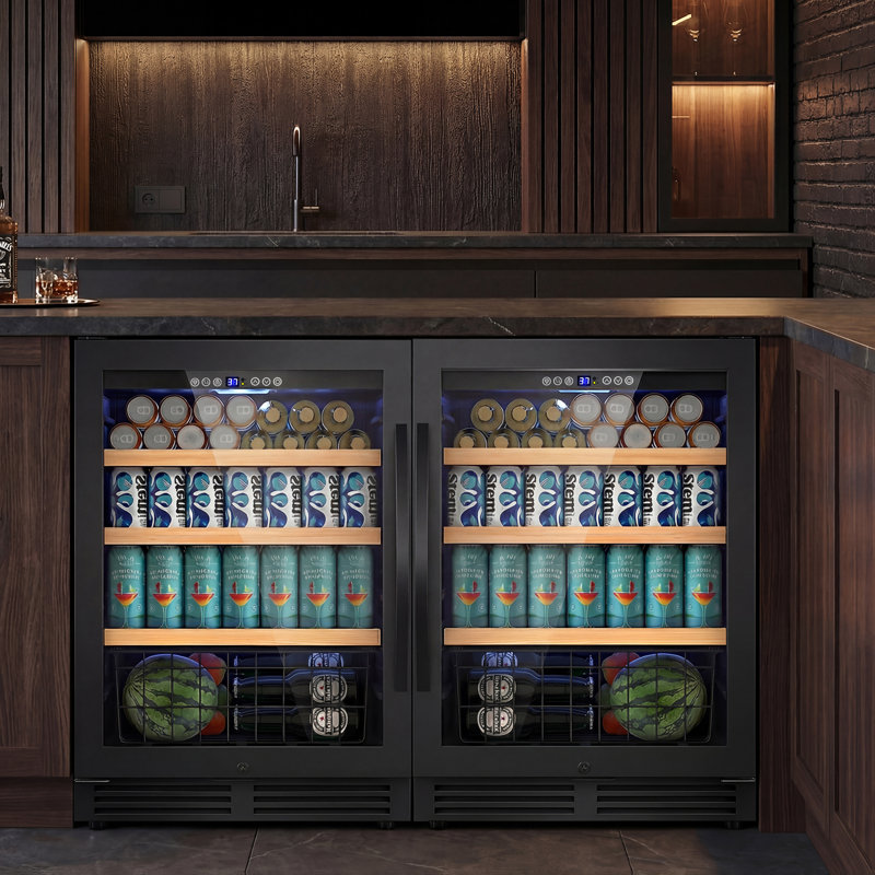 48" Beverage Refrigerator 440 Can Dual Zone Built-in Split Beer Cooler with Four Handles, Black