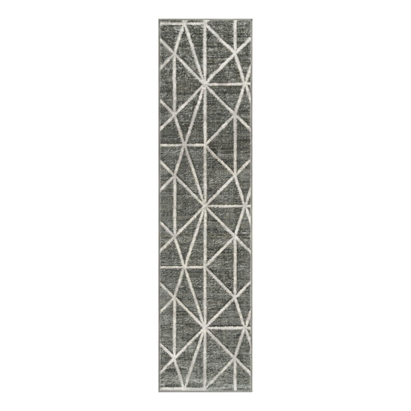 Tapis géométrique gris foncé / ivoire Oceola, Tapis de couloir 2 pi x 8 pi