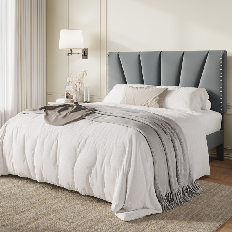 Velvet Upholstered Platform Bed Frame With Tufted Headboard And Nailhead Trim, Adjustable Height, No Box Spring Needed, Gray