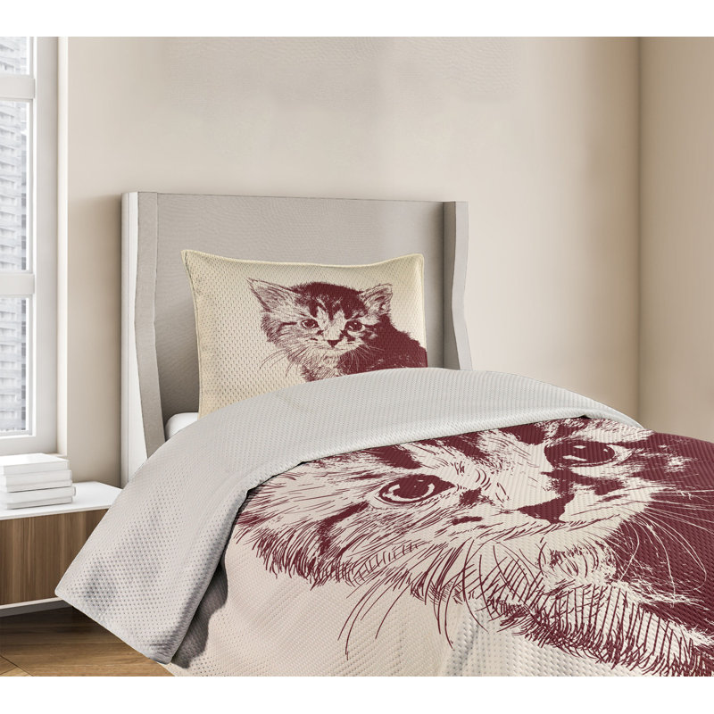 Twin White Quilted Bedspread Set with Cat Design