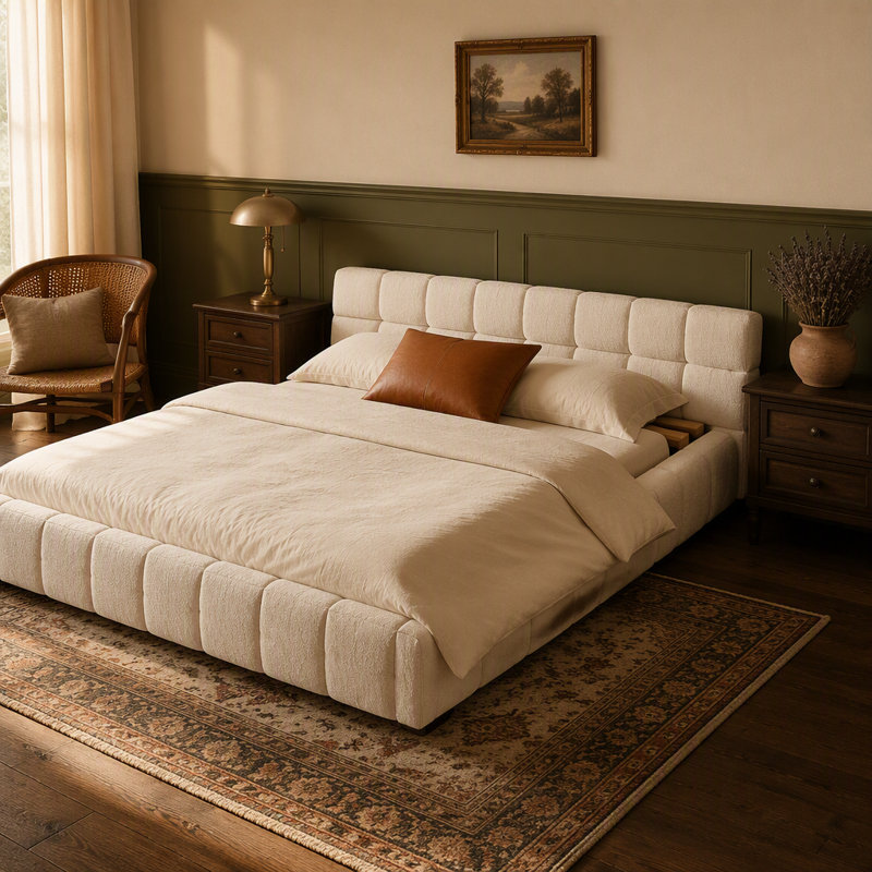 Cadre de lit rembourré en tissu chenille épais, lit plateforme avec tête de lit et cadre solide, aucun sommier requis pour une installation facile