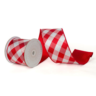 Vickerman 4"X10 Yds Red and Silver Metallic Diagonal Check with Red Trim/Backing Ribbon.