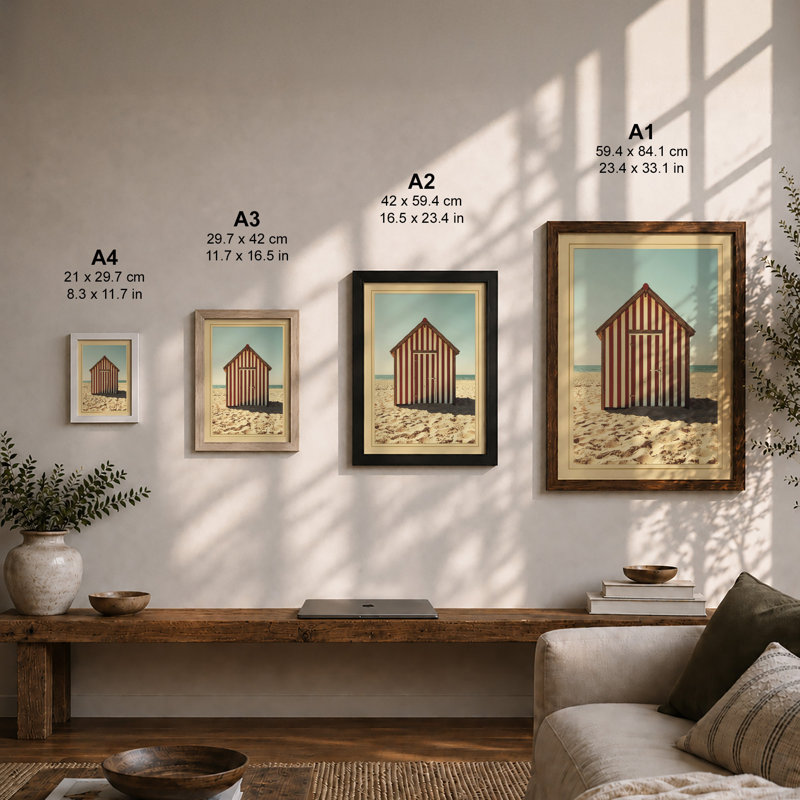 Striped Beach Hut Coastal - Framed Print, Walnut, A1 - 84.1 x 59.4 cm