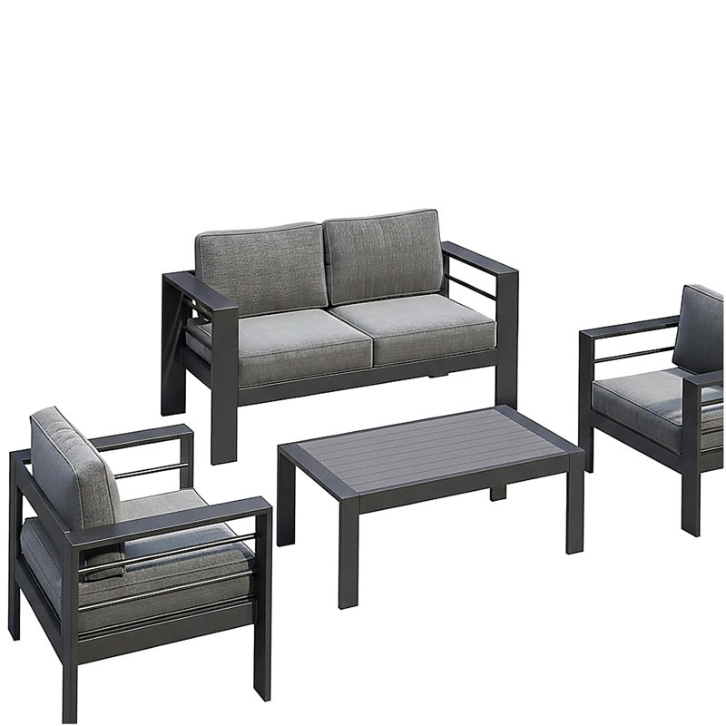 4-Piece Modern Aluminum Patio Conversation Set,  4-Seat Outdoor Sofa with  Thick Dark Gray Cushions & Gray Frame and Coffee Table