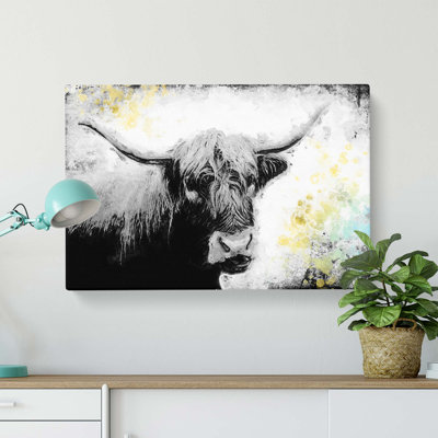 Paint Splattered Highland Cow in Abstract - Wrapped Canvas