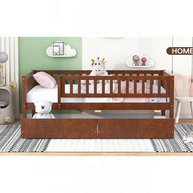 Twin Size Daybed Wood Bed With Two Drawers, Walnut, Walnut, Twin