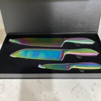 WELLSTAR Rainbow Kitchen Knives 9 Pieces Set, Chef Santoku Paring Knives  and 6 Piece Serrated Steak Knives, Iridescent Titanium Coating Stainless