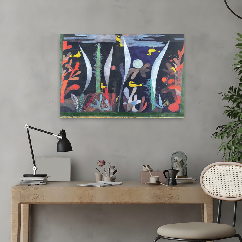 «Landscape with Yellow Birds», reproduction d'art géométrique classique au printemps, 16" H x 24" W