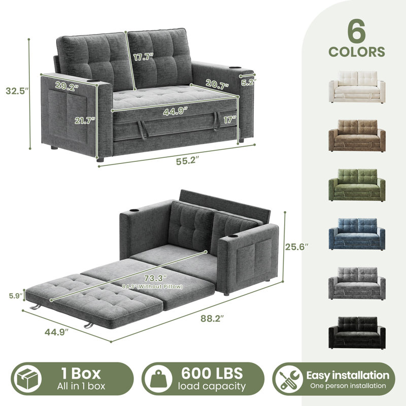 George 55" Upholstered Chenille Convertible Loveseat Sleeper Sofa with Cup Holder and Storage Pockets, Gray
