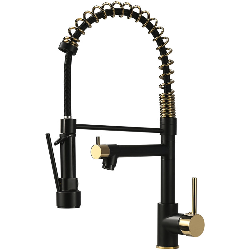 Contemporary Kitchen Sink Faucet With Pull-Down , Matte Black & Gold, Single Handle Pull Down Faucet, 360 Rotation, And Lever, Upgrade
