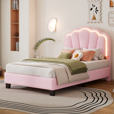 Upholstered Flower-Shape Bed, Elegant Flowers Headboard With LED Light Strip