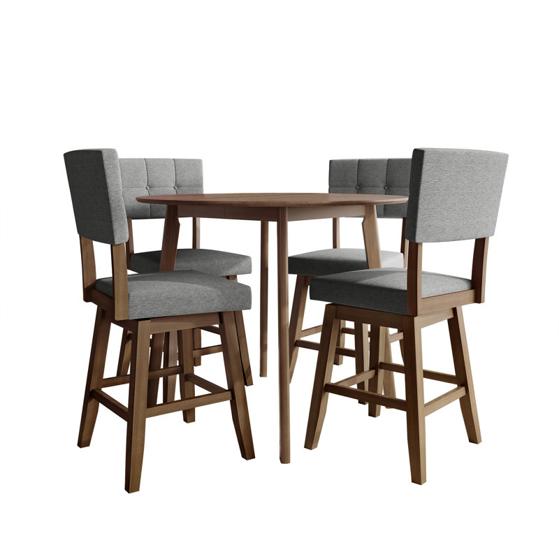 5-Piece Counter-Height Round Dining Set with Tufted Swivel Chairs, Grey, Grey