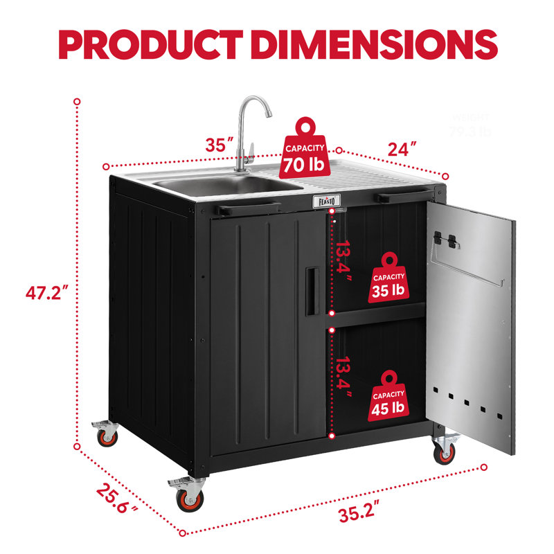 Îlot de cuisine d'extérieur en acier avec évier et armoire de rangement en acier inoxydable de 35 po FEASTO - Station de préparation de barbecue pour terrasse et jardin