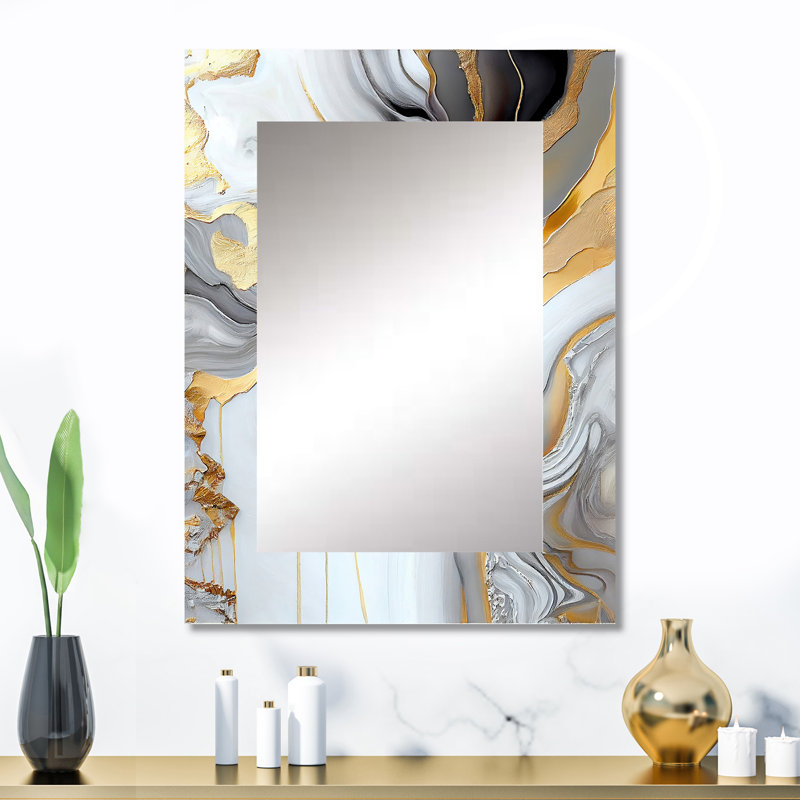 Marbre blanc et or abstrait II - miroir unique en marbre, grand miroir mural blanc, impression d'art en métal, 32 po x 24 po