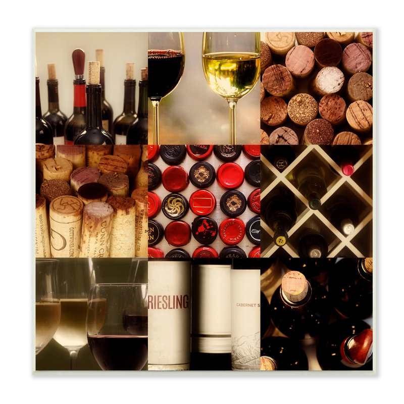 «Wine Lovers Collage Vintage Bottles» par Gail Peck - photographie, H 12 po x l 12 po x P 0,5 po, Plaque murale