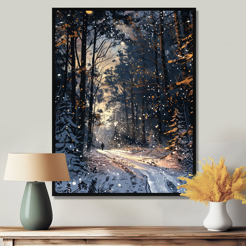 Chemin enneigé à travers la forêt d'hiver - forêt, art mural, H 20 po x l 12 po x P 1 po, Toile avec cadre flottant noir