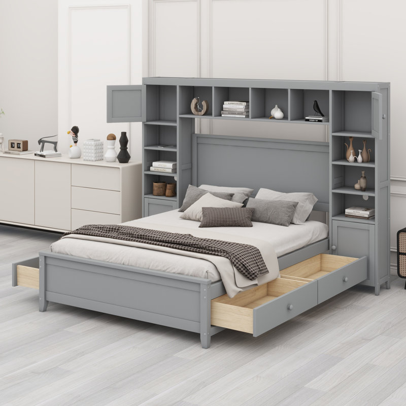 Lit plateforme double avec rangement double, gris