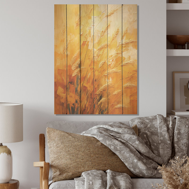 Coucher de soleil au coucher du soleil, paysage doré I - prairie, art mural sur bois de pin naturel, H 40 po x l 30 po