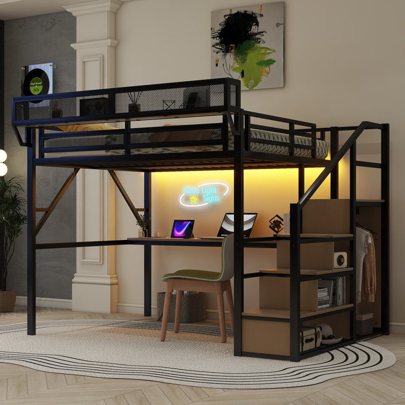 Lit mezzanine en métal robuste avec bureau et lumière pour enfants adolescents, Noir