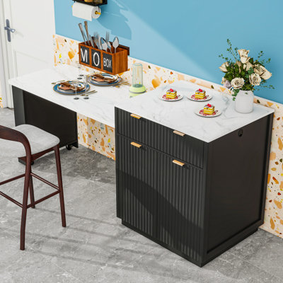 Kitchen Island with Power Outlet, Open Shelves and 2 Drawers