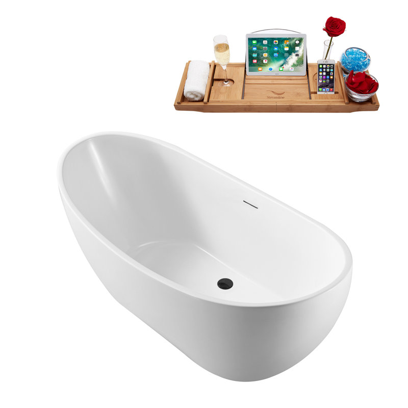 Baignoire de trempage autoportante en acrylique 62 "avec bonde et plateau en bambou Streamline, Bronze brossé