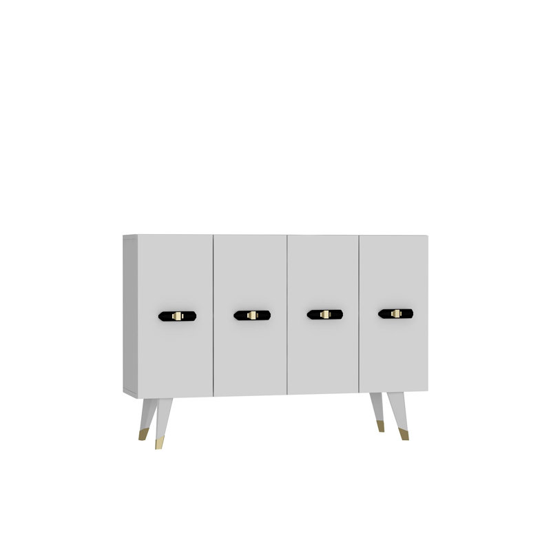 Console moderne moderne, or et blanc, 100% panneau de particules recouvert de mélamine, épaisseur: 0,71 pouce | Nombreuses tablettes, design élégant pour le salon et le vestibule