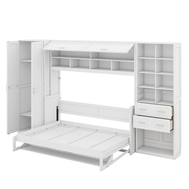 Lit escamotable double avec placard, tiroirs et tablettes
