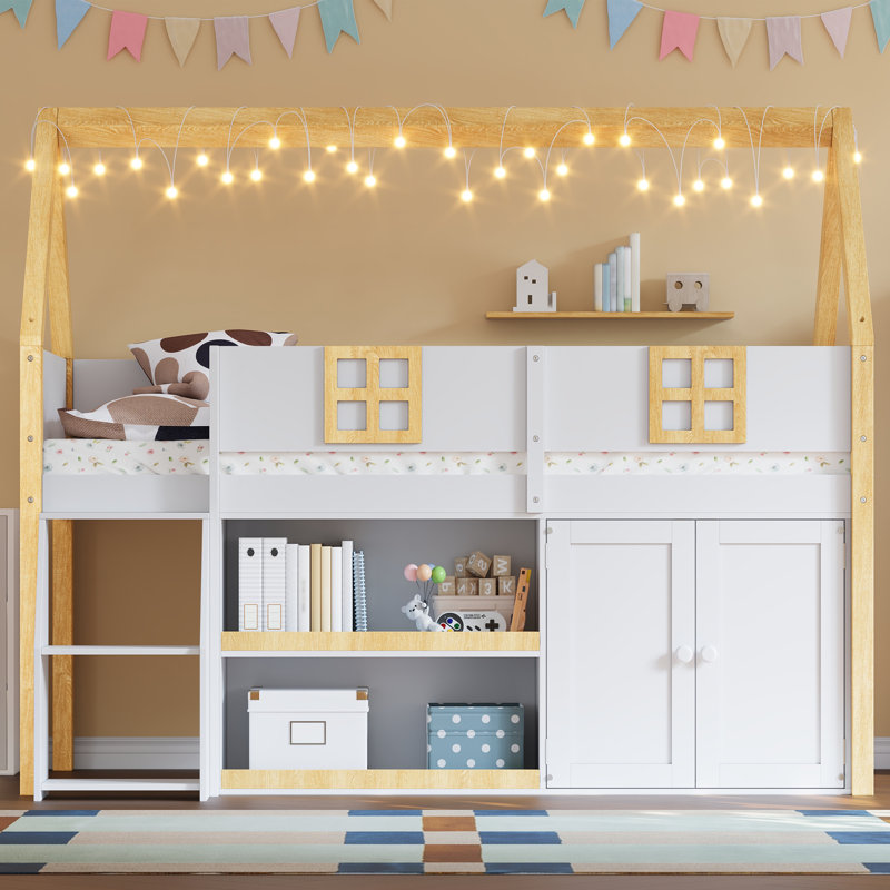 Full Size Low Loft Bed with Step Staircase, Storage Shelves, Cabinets & LED Lights, White/Natural, Full