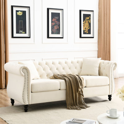 3 + Beige Velvet Couch - Spacious Seating Area & Back Layout Elegant Design