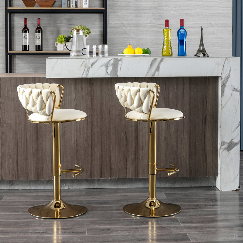 Ensemble de 2 tabourets de bar, avec repose-pieds chromé et base pivotante réglable en hauteur, revêtement en velours et pieds réglables. Tabouret de bar simple.